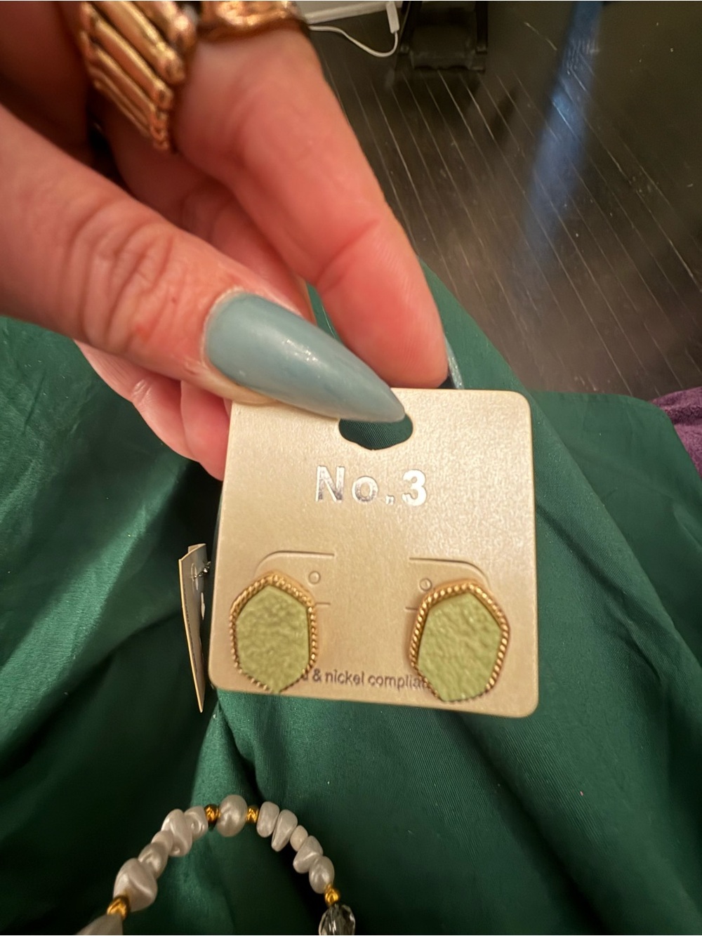 Sage Green Geometric Stud Earrings Minimalist Gold Trim Earrings